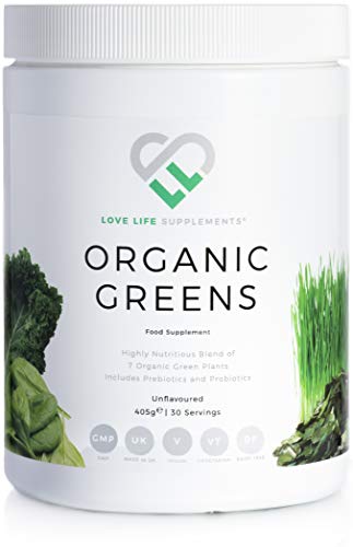 Organic Greens by LLS | 405g - 30 Servings | Unflavoured | Contains 7 Organic Greens - Inulin, Kale, Spirulina, Spinach, Seagreens, Wheatgrass, Chlorella plus Lactosporeu00ae | Love Life Supplements - 'Clean, Effective, High Quality'