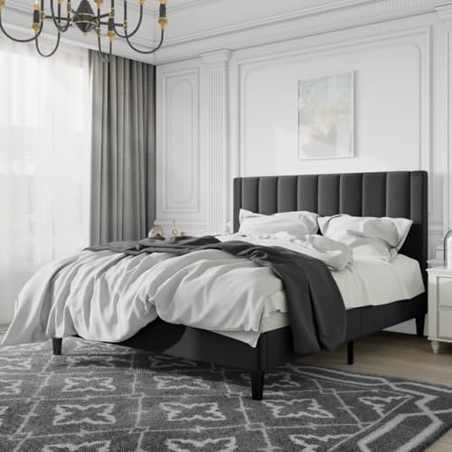 Image of SUHAVI Upholstered Bed King Size Without Storage Solid Sheesham Wood Modern Premium Fabric Upholstery Cushion Headboard | King Bed for Bedroom Wooden Double Bed Cot 1 year warranty 78x72 Black