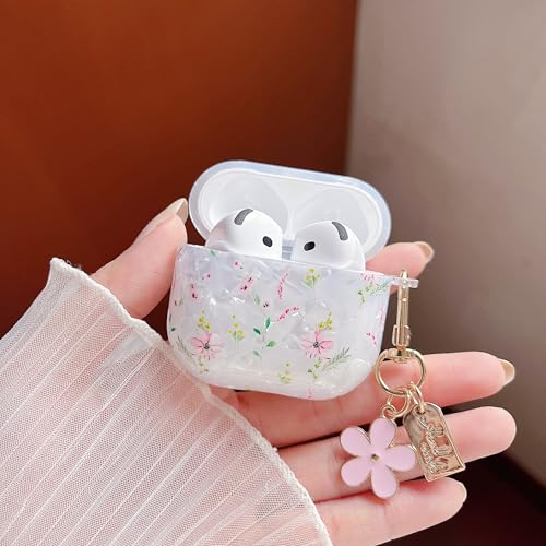 Image of MINSCOSE for Cute Glitter AirPods 4 Case,Shell Pattern Cartoon Flower Aesthetics Design with Girly Floral Keychain,Soft TPU Protective Cover with Cleaner Kit for Girls Women for AirPods 4-Pink