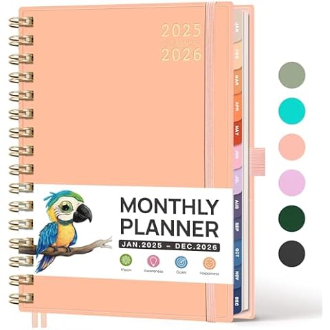 RETTACY Planner 2025-2026, Monthly Planner, Jan 2025 - Dec 2026, 5.7" × 8.3", Medium Size, 2025-2026 Calendar, 24-Monthly Tabs, Flexible Plastic Cover, Spiral Bound, 100 GSM Thick Paper (Apricot) Cover