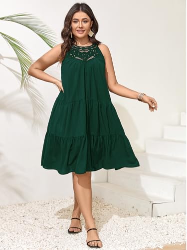 Image of SCOMCHIC Womens Plus Size Summer Hollow Out Halter Dresses Sleeveless A Line Tiered Swing Sundress Beach Vacation Mini Dress