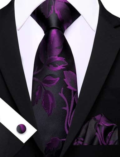 Image of Barry.Wang Flower Ties for Men Silk Woven Floral Tie Sets Necktie Handkerchief Cufflinks Wedding Party
