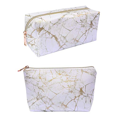 2pcs bolsa de cosméticos viaje bolsa de maquillaje PU cuero pequeño impermeable neceser maquillaje organizador con cremallera (mármol dorado)
