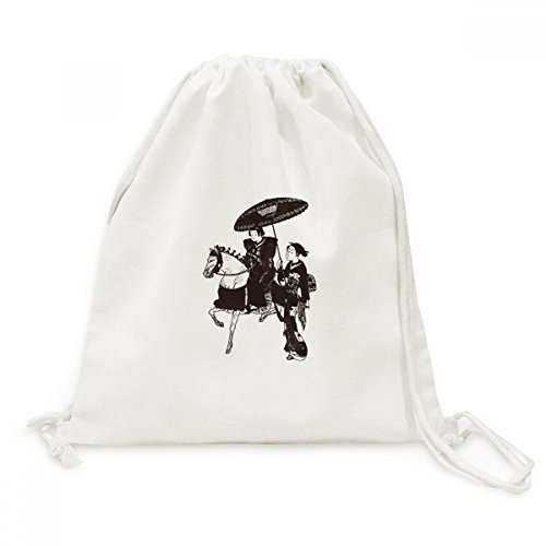 Japon Femmes équitation Sketch Cheval Toile Drawstring Backpack Voyage Sacs léger et pratique