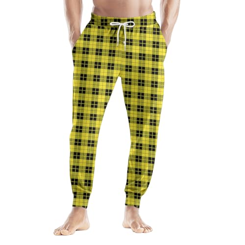 Men's Pyjama Bottoms,Schlafanzughose Herren Lang,Long Cotton Checked Pyjama Bottoms,Leisure Trousers,Lounge Trousers mit Elastischem Bund und Kordelzug bequeme Freizeithose, 02-amarillo, XL