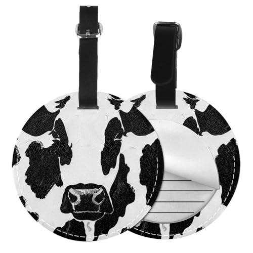 Étiquette de bagage ronde anti-perte en similicuir noir et blanc