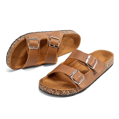 Men’s Cork Footbed Sandals: Arch Support - Adjustable Double Buckle Slip-On Comfort Slides for Casual Summer Wear Beach2