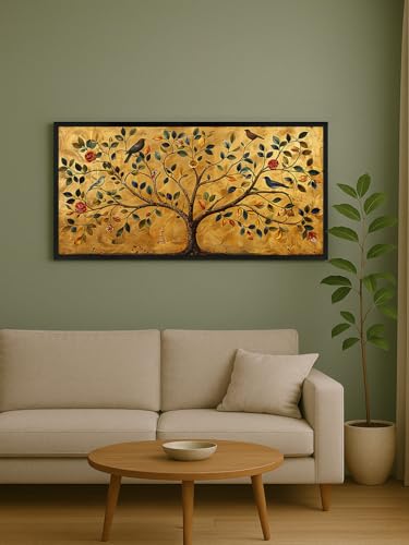 Image of 999STORE Tree of Life Canvas Wall Art, 120 x 60 cm, Black Frame, Golden Background, Birds and Flowers Design, Horizontal Orientation