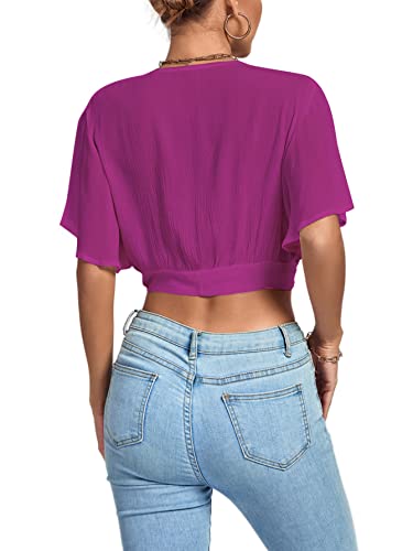 Image of LYANER Women's Sexy Deep V Neck Tie Front Wrap Cropped Blouse Bell Short Sleeve Ruffle Crop Tops