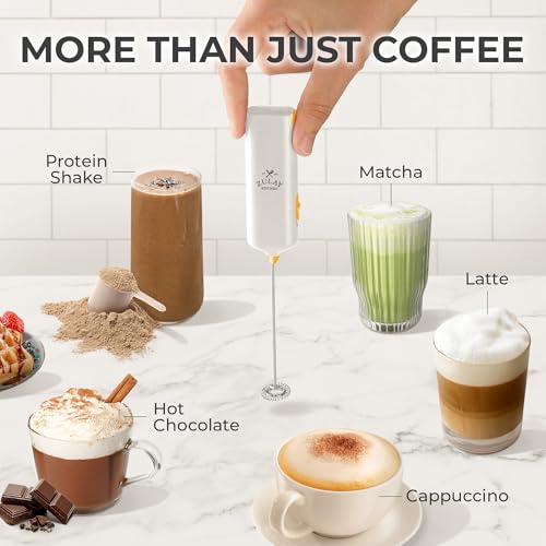 Image of Mini & Mighty Milk Frother Wand - Powerful Handheld Coffee Frother, Battery Operated Drink Mixer - Compact Pocket Size - Detachable Whisk for Latte, Cappuccino, Matcha, Hot Chocolate