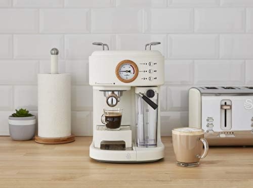 Swan Nordic One Touch Espresso Machine, Cotton White, 15 Bars of Pressure, Milk Frothing Steamer, 1.7L Tank, Scandi-style, SK22150WHTN