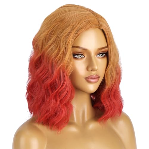 Image of BERON Orange Ombre Wigs Side Part Short Curly Wave Wigs for Women Girls Orange Shoulder Length Heat Resistant Synthetic Wig Cosplay Costume Party Daily