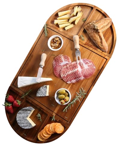 Synergy Loop Large Charcuterie Board Set - 3 Part Unique Long & Round - Magnetic Acacia Wood Cheese Boards & Charcuterie Boards Gift Set - Wooden Tray Serving Cutting Board Platter 26x13