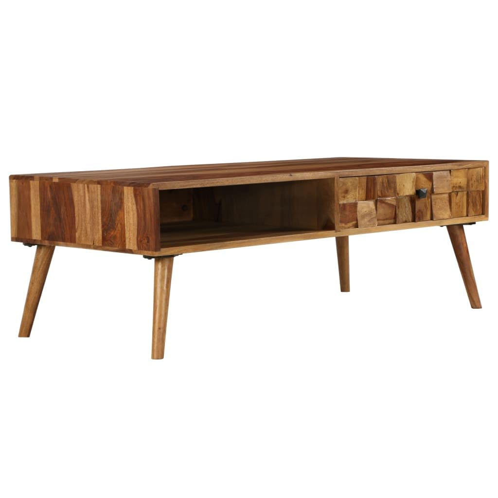 Tavolino da salotto in legno massello di acacia, marrone miele, 110 x 50 x 37 cm | Elegante tavolino da salotto con cassetto e ripiano in vero legno per uno spazio aggiuntivo.