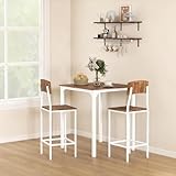 HOMCOM 3-Piece Counter Height Bar Table with Space-Saving Design, Square Kitchen Table and Chairs Set with Footrest, Metal Legs, Industrial Dining Table Set for 2, Walnut and White