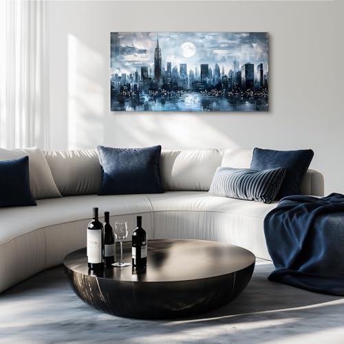 SERIMINO New York Skyline Wall Art, Urban Landscape Abstract Large Wall Decor, City Moon Night Landscape Artwork for Walls, Modern Aesthetic House Decorations Living Room Bedroom Office 24X48 Inch