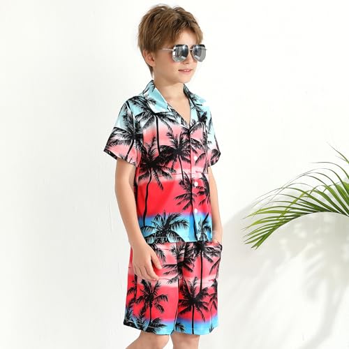 Image of Weixinbuy Boys Summer Outfits Short Sleeve Hawaiian Shirt and Shorts Vacation Set for Kids Summer Clothes Set