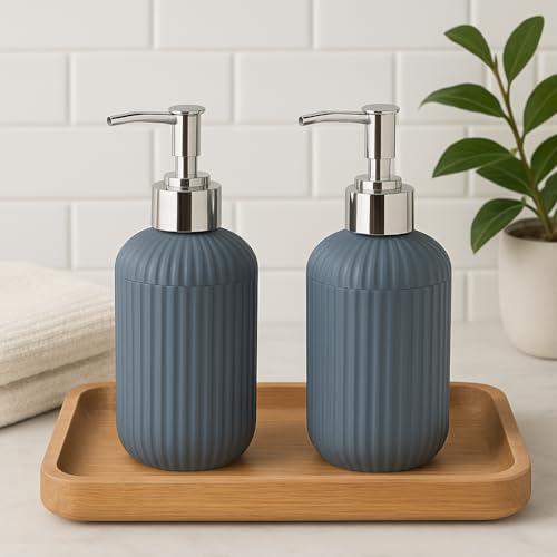 Image of LAGET 300ml Soap Dispenser for wash Basin - White Black Golden Print | Kitchen and Bathroom Accessories Items | Handwash Dispenser Bottle- Set of 2 (Metallic Blue)