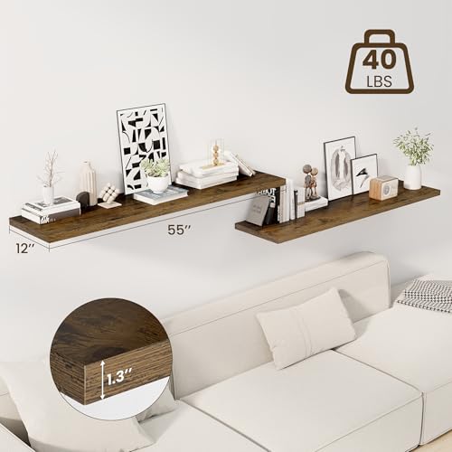 Image of Dreamland 55 inch Floating Shelves for Wall, 12 inch Deep Slim Rustic Brown Floating Shelves, Wall-Mounted Shelves for Bedroom, Living Room, Kitchen, Bathroom - Set of 2