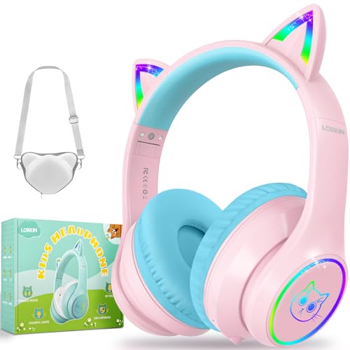 LOBKIN Auriculares Niños con Bolsa, Inalámbricos y con Cable, Auriculares Bluetooth Niños Niñas Plegables Ajustable para Escuela, Viajes