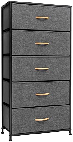 Crestlive Products Vertical Dresser Storage Tower - Sturdy Steel Frame, Wood Top, Easy Pull Fabric Bins, Wood Handles - Organizer Unit for Bedroom, Hallway, Entryway, Closets - 5 Drawers (Gray)