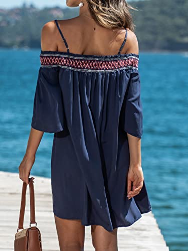 CUPSHE Women's Loose Open-Shoulder Short Dress Formal Dress 3/4 Sleeve Spaghetti Strap Smocked Lace Mini Dress3