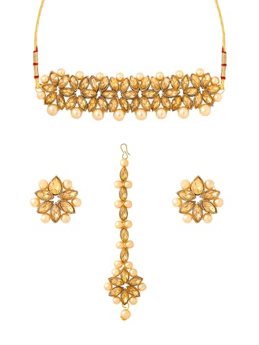 YELLOW CHIMES Stylish Kundan Jewellery Set Gold Plated Party Wear Traditional Choker Necklace Set For Women & Girls