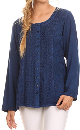 Image of Sakkas Fedella Deep Scoop Neck Long Sleeve Blouse Top with Adjustable Back Straps