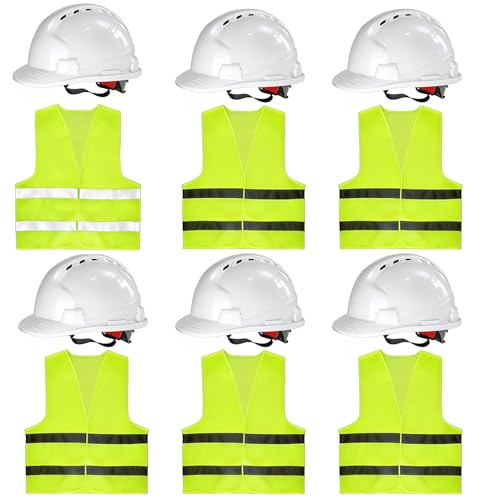 4 Pt. Suspension Hard Hat with Safety Vests Bulk Safety Helmets Adjustable Ratchet Hard Hats, Vents & Sweat Cotton Brow Pad - ABS Construction Helmets for Work Sites & Outdoor Labor (White, 6 Set)