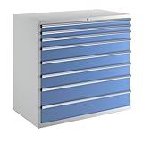 Die lichtgrauen und lichtblauen Farben verleihen dem Schrank eine moderne Ästhetik, die sich nahtlos in jede Arbeitsumgebung einfügt. Dadurch ist er nicht nur praktisch, sondern auch ein Blickfang in jedem Raum.