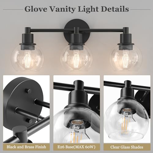 Image of 3 Lights Bathroom Vanity Light Fixtures Black, Bathroom Lights Over Mirror, Industrial and Farmhouse 3 Lights Wall Sconce, Matte Black Globe Vanity Lighting Fixtures