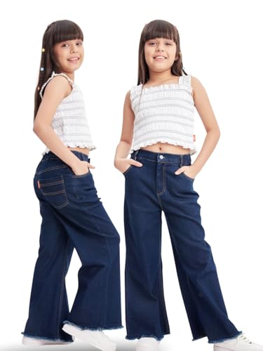 Image of olele Girls Super Jeans Collection for 4-14 Yrs | Stretchable Cotton Denim Trousers | Blue Jeans for Kids | Baggy Denim Pants | Cargo Pants for Girls