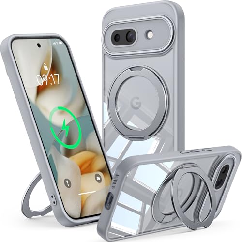 【360° Spin Magnetic Stand】 Case for Google Pixel 9A 【Fit for MagSafe & Pixelsnap】 Cover with Ring Holder 【No-Yellow Crystal Clear】 Camera Protection Phone Google Pixel 9A Case - Grey
