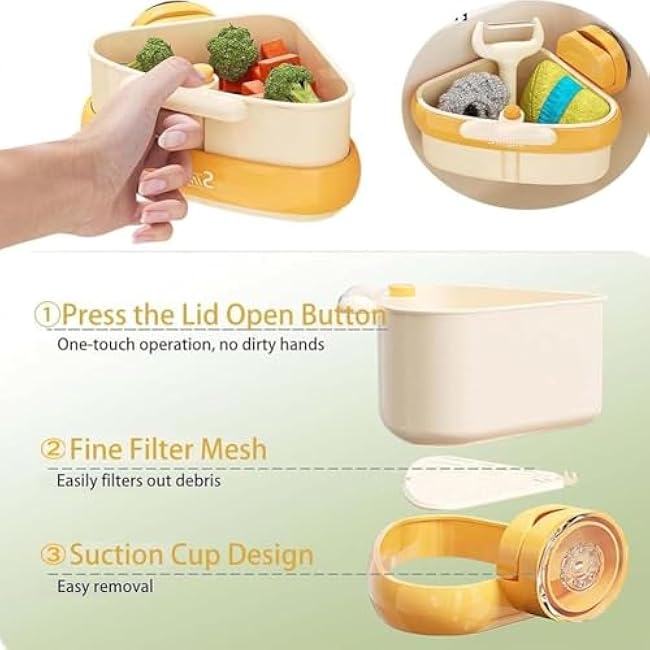 Suction Cup Sink Corner Rack, Self-Cleaning Sink Strainer Basket, Triangular Automatic Dumping Corner Sink Strainer, Food Waste Catcher for Kitchen (2 Yellow)