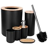 Natudeco Juego de Accesorios de baño de bambú, 6 uds, práctico Kit de Inodoro, Soporte para Cepillo de Dientes, contenedor, dispensador de jabonera, Taza, Cepillo de Inodoro para baño, Lavabo