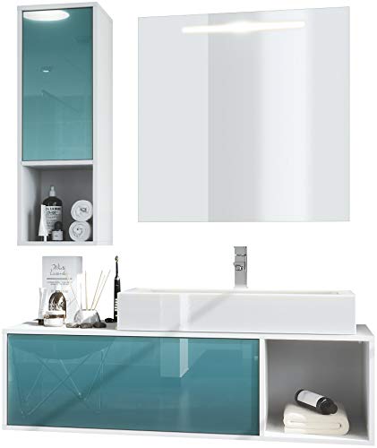 Set Mobile Bagno Vladon Aloha V2 – 189x193x51 Cm, Bianco Opaco/lucido Con Dettagli Petrolio, Lavabo Appoggio, Specchio LED Touch, Made In Germany