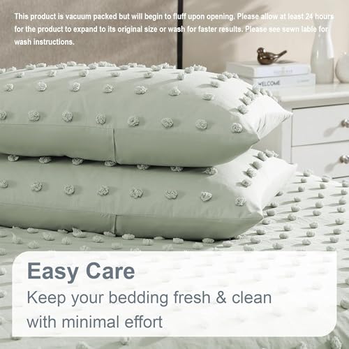 Image of Swift Home King Sage Comforter Set - Decorative Tufted Pom Poms Bedding Set - 3 Pieces Bed Linen, 1 Comforter and 2 Pillow Shams