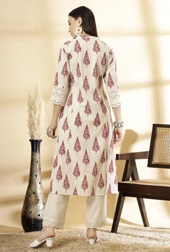 Image of Pistaa's Women's Cotton Regular Fit A Line Regular A-Line Printed Cutwork Sleeve Kurta