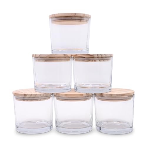 SHOWIN Tarros de vela gruesos de 12 onzas para hacer velas, 6 unidades, tarros vacíos con tapas de madera para tarros de especias, recipiente de muestra, transparente