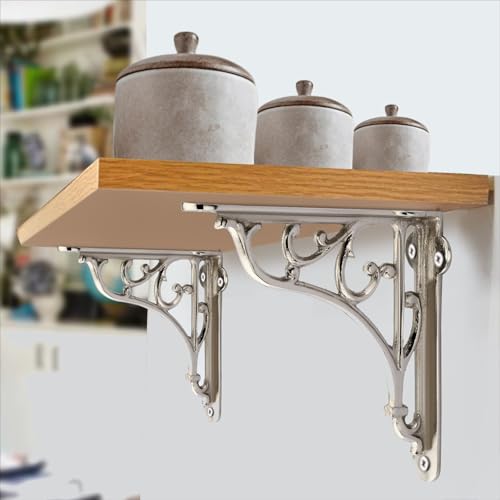 Image of GHAR DWAR Metal Handcrafted Shelf Bracket for Floating Shelves L Angle Decorative L Shaped Corner Brace Joint Heavy Duty Wall Mounted Shelf Supporter Brace Holder (Silver, Pack of 2)