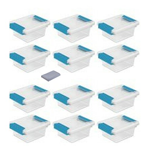 Sterilite Mini Plastic Storage Container Tote Bin with Aquarium Blue Latches and Lid (12 Pack)