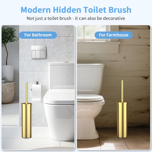 Image of Stainless Steel Toilet Brush and Holder Set Brushed Silver Heavy Duty Toilet Bowl Brush with Long Handle for Bathroom and Farmhouse (Gold)