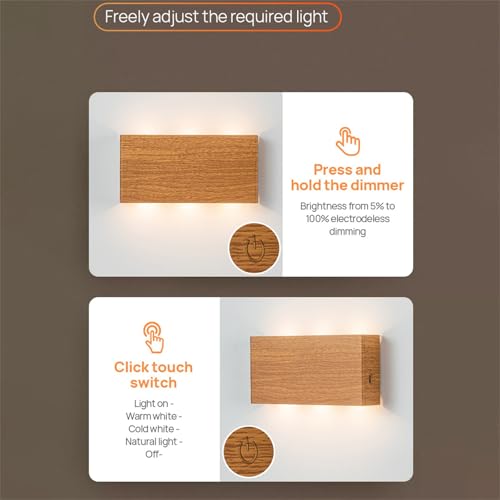 Apliques de pared inalámbricos de madera oscura con batería recargable y control táctil 3