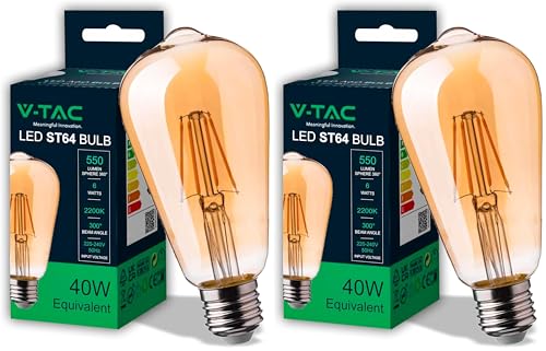 V-TAC Ampoule LED Filament ST64 culot E27-6W (équivalent 40W) - 550 Lumen - Ampoules LED Vintage en Verre Ambré - Efficacité Maximale et Économie d'Énergie - 2200K Blanc Chaud (Lot de 2)
