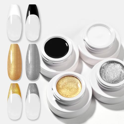 Set 4 colores gel para uñas, blanco negro oro plata