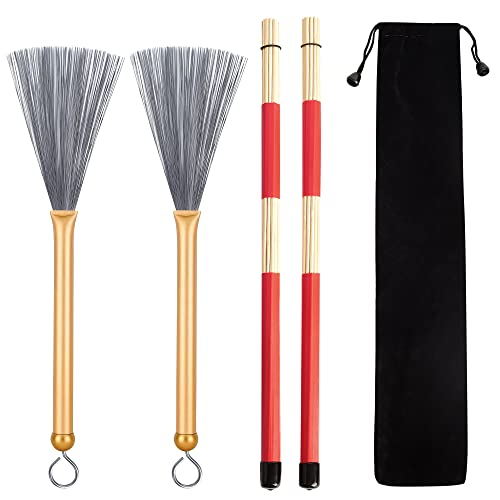 Meideal 1 Pair Retractable Drum Wire Brushes with Comfortable Aluminum Handles and 1 Pair Rods Drum Sricks Brush for Jazz Cajon Folk Rock Band Drummers Amateurs Beginners (Gold)