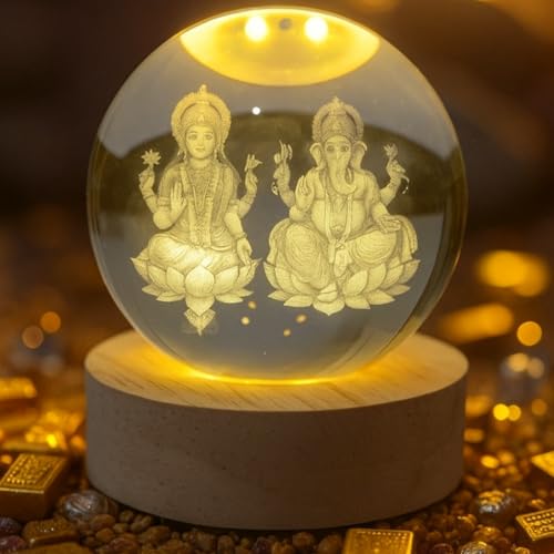 Image of ANTORCHE Lakshmi Ganesh Crystal Ball Lamp with Wooden Base | 3D Engraved LED Night Light for Home Decor, Puja Room & Diwali Gift & Festivals