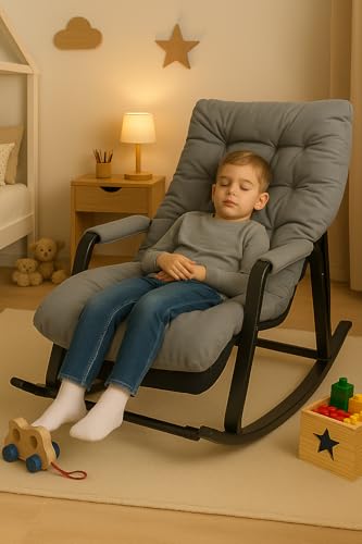 Schaukelstuhl Schaukelstuhl für Kinder 3 Jahre + mit Armlehnen und Seitentasche, Stahlgestell, Fußstütze verstellbar in 5 Höhen, Tragkraft 250 kg, Wohnzimmer, Schlafzimmer, Grau