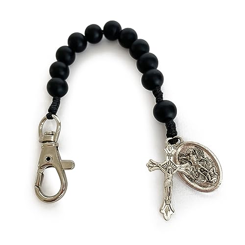 Catholic Prayer Pocket Rosary Saint Michael the Archangel Medal Black Beads Corded Rosary Keychain Tenner Open Style One Decade Rosary