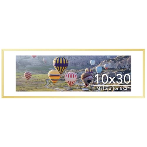 Image of JCJMY 10x30 Picture Frame with 8x24 Mat, Display Photo 8x24 with Mat or 10 x 30 Without Mat, Wall Hanging Large 10 by 30 Poster Frame with Plexiglass, Gold